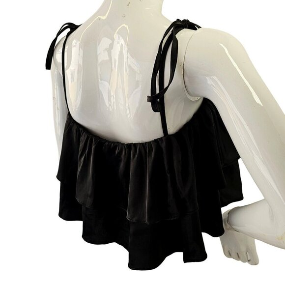 Camellia Black Layered Flounce Crop Top Womens L Tie Spaghetti Straps Polyester - Picture 3 of 9